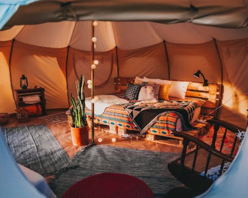 Colorful interior of glamping accommodations.